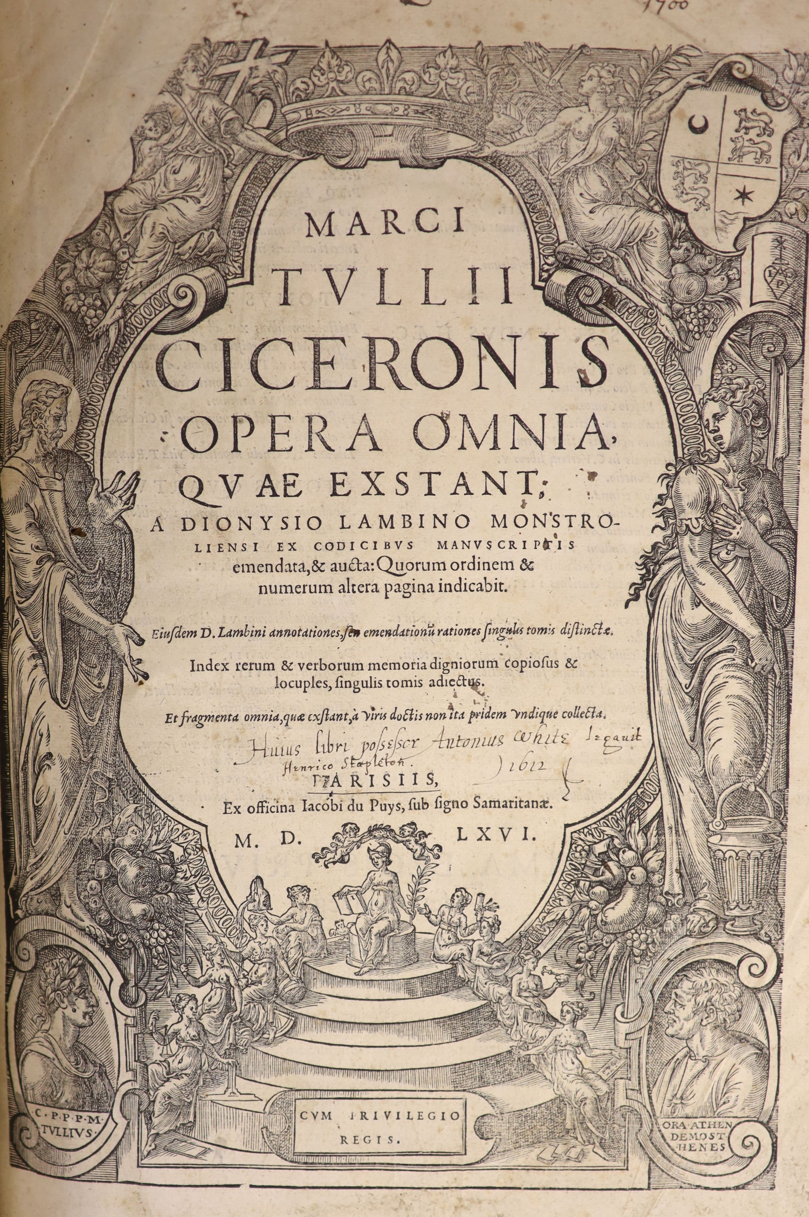 Cicero - Opera Omnia, quae exstant. A Dionysio Lambino monstroliensi ex codicibus manuscriptis emendata ... 4 parts (in 2 vols). pictorial engraved title (Part 1), engraved